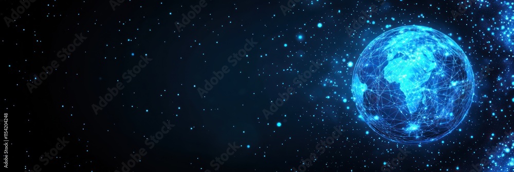 Earth is depicted with glowing networks in a beautiful starry space setting at night Earth is depicted with glowing networks in a beautiful starry space setting at night