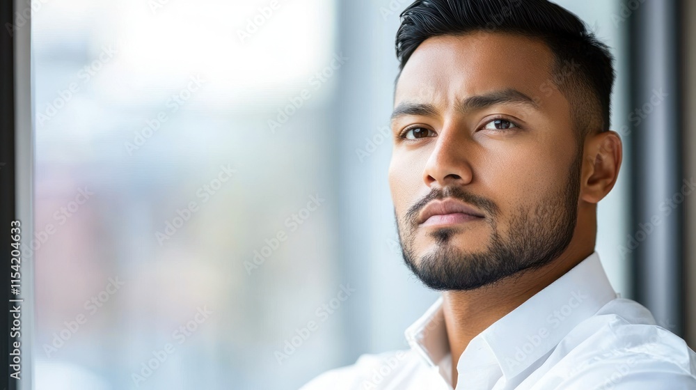 Man with a beard gazes thoughtfully from a bright indoor setting, exuding confidence and focus Man with a beard gazes thoughtfully from a bright indoor setting, exuding confidence and focus