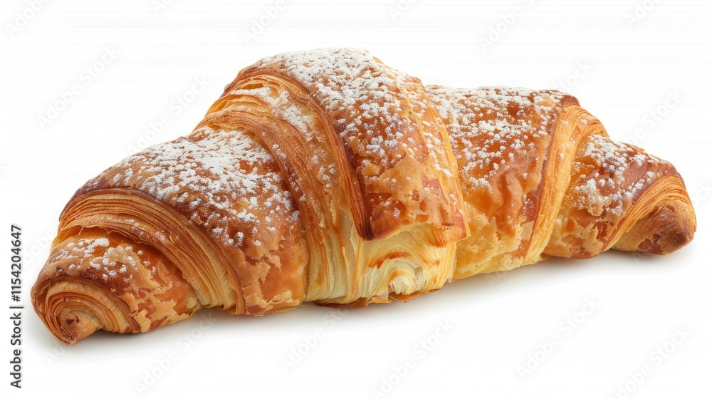 Delicious golden brown croissant dusted with powdered sugar, isolated on white. Delicious golden brown croissant dusted with powdered sugar, isolated on white.