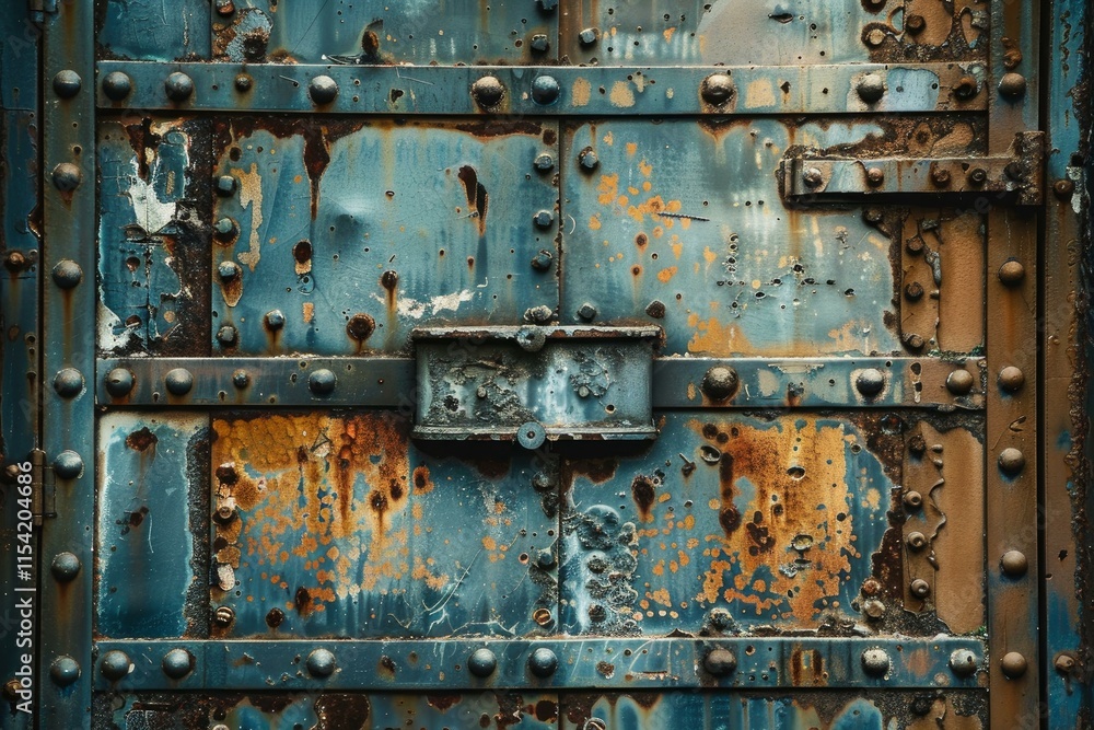Close up of weathered metallic surface with peeling paint, rust, and rivets, highlighting the effects of time and exposure to elements Close up of weathered metallic surface with peeling paint, rust, and rivets, highlighting the effects of time and exposure to elements