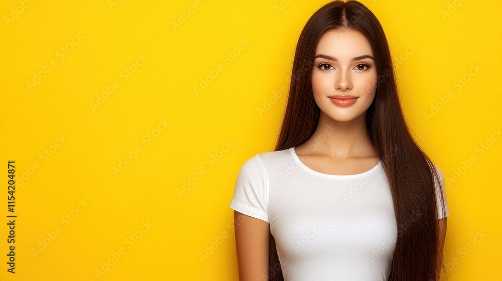 Obraz premium Woman smiles confidently with long dark hair in a white shirt set against a vibrant yellow backdrop