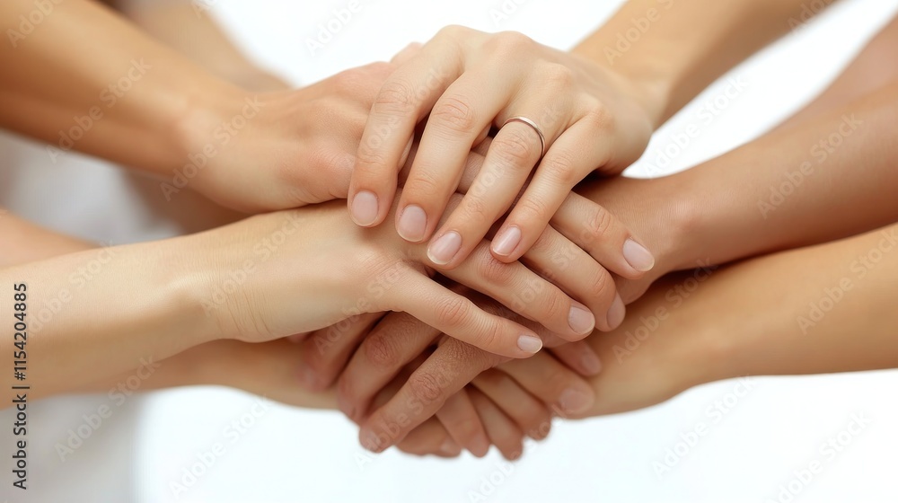 Multiple hands come together, representing collaboration and support among individuals engaged in a project Multiple hands come together, representing collaboration and support among individuals engaged in a project