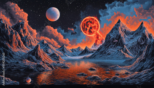 Surreal Alien Landscape with Fiery Red Sun and Starry Sky.