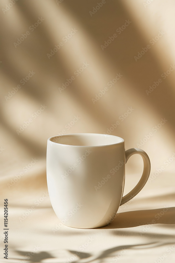 Minimalist shot of a clean white coffee mug on a smooth beige background, with subtle soft shadows. Minimalist shot of a clean white coffee mug on a smooth beige background, with subtle soft shadows.