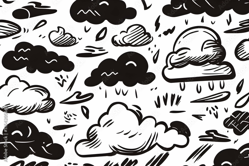 Hand-drawn clouds, rain, and weather seamless pattern; white background; design resource. Hand-drawn clouds, rain, and weather seamless pattern; white background; design resource.