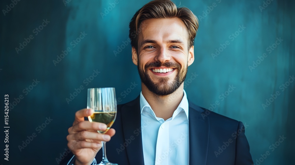 A businessman in a suit holding a glass with a confident smile as he toasts to his accomplishments A businessman in a suit holding a glass with a confident smile as he toasts to his accomplishments