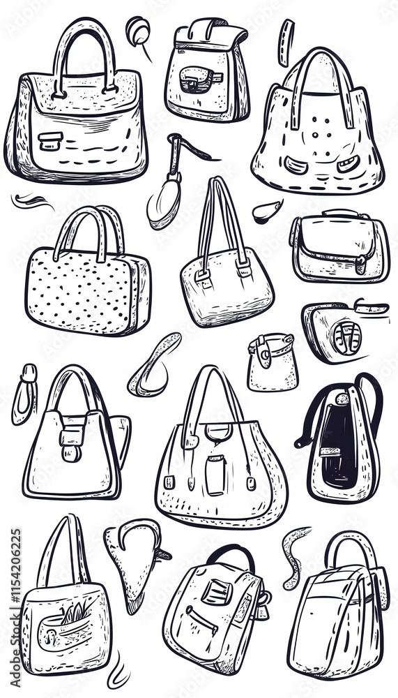 Hand-drawn handbag sketches, fashion accessories, white background, design resource, website illustration.