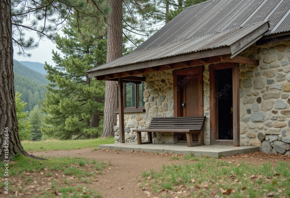 A rustic stone cabin with a wooden porch and bench nestled in a forest setting. A rustic stone cabin with a wooden porch and bench nestled in a forest setting.