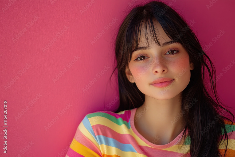 Woman with long hair in colorful shirt walking on sunny beach, waves gently kissing the shore, seagulls soaring overhead against blue sky. Woman with long hair in colorful shirt walking on sunny beach, waves gently kissing the shore, seagulls soaring overhead against blue sky.