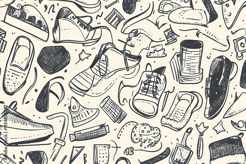 Hand-drawn Shoe & Object Seamless Pattern, Beige Background, Lifestyle Design. Hand-drawn Shoe & Object Seamless Pattern, Beige Background, Lifestyle Design.