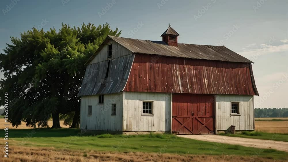 Old red barn in the countryside field with green grass under a blue sky and clouds Old red barn in the countryside field with green grass under a blue sky and clouds
