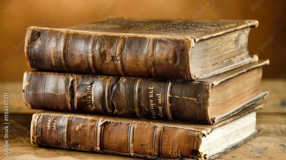 Stack of three antique leather-bound books on wooden surface. Stack of three antique leather-bound books on wooden surface.