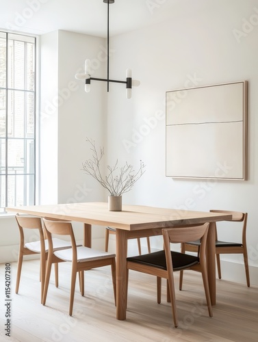 Minimalist dining room with modern light fixture and wooden table