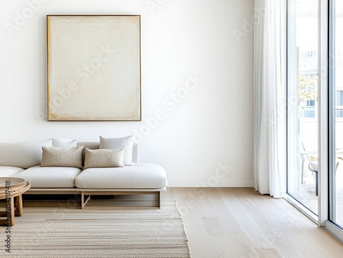 Modern living room interior design with large window and natural light.