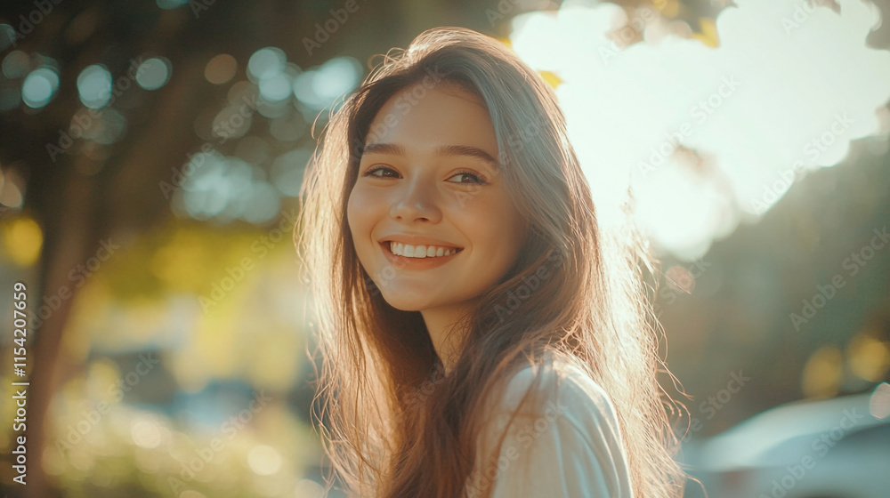 Smiling young woman enjoying a sunny afternoon in a park setting. Smiling young woman enjoying a sunny afternoon in a park setting.