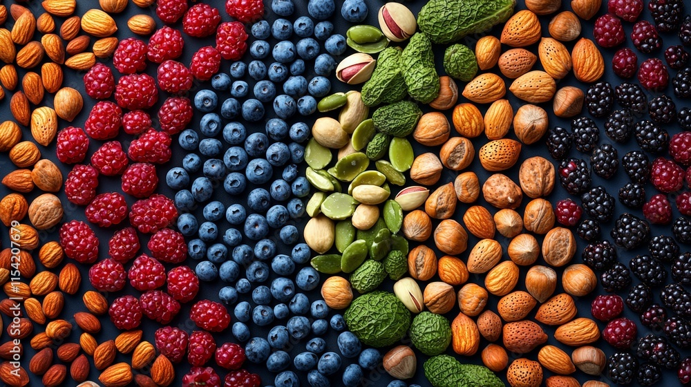 Rainbow of Healthy Snacks Nuts, Berries, and Pistachios. Rainbow of Healthy Snacks Nuts, Berries, and Pistachios.