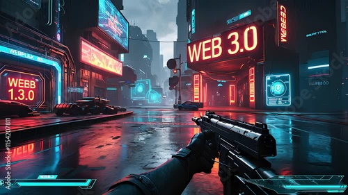 Futuristic Cyberpunk City with Neon Web 3.0 Signs and First-Person Perspective in Rainy Night Scene

 photo