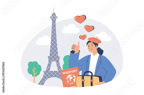 Travel and tourism web concept with flat cartoon people for website design. Woman with suitcase visiting France and enjoying landmarks and architecture, sightseeing Eiffel tower. Vector illustration.