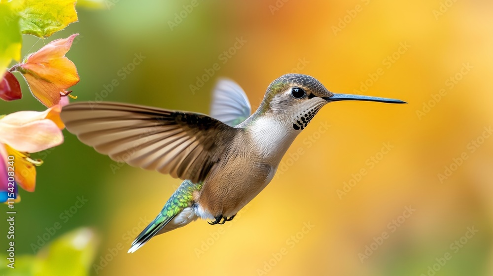 Stunning hummingbird in flight captivating wings spread wide against a clear sky Stunning hummingbird in flight captivating wings spread wide against a clear sky