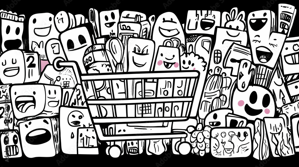 Obraz premium Happy Groceries Doodle Cart Shopping Spree Background.