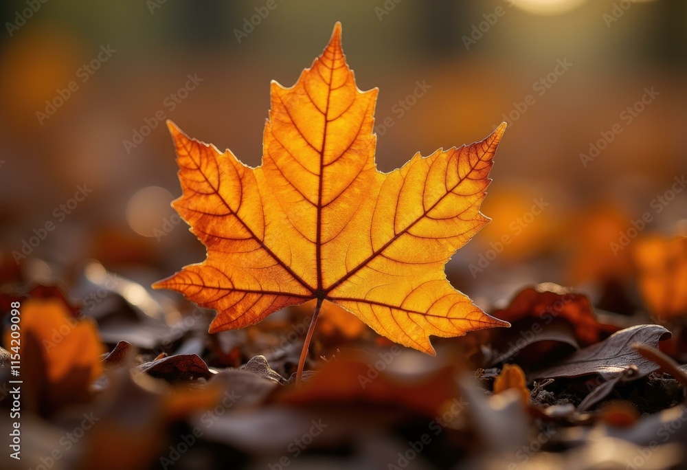 Single autumn leaf with vibrant colors against blurred background Single autumn leaf with vibrant colors against blurred background