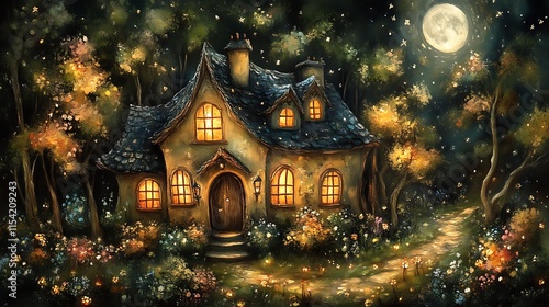 Wallpaper Mural Enchanting cottage nestled in a moonlit forest. Torontodigital.ca