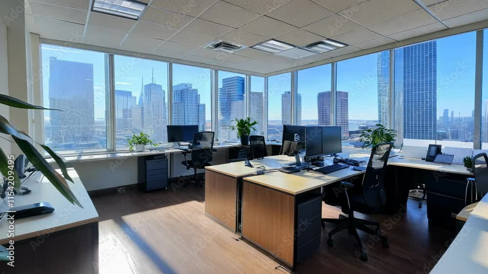 A modern office space with large windows, showcasing empty desks, plants, and motivational quotes on the walls, conveying a professional environment