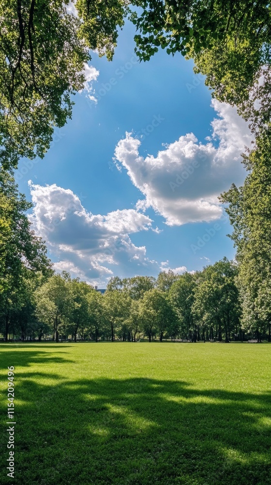 beautiful wooded park with a blue sky with clouds with copy space vertically 9:16 beautiful wooded park with a blue sky with clouds with copy space vertically 9:16