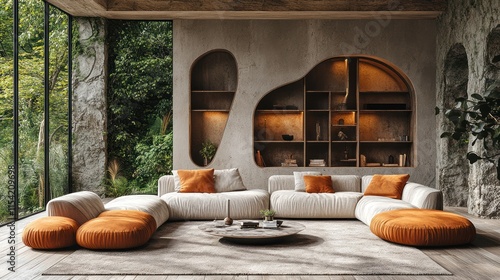 Wallpaper Mural Modern living room with sectional sofa, built-in shelving, and large windows overlooking lush greenery. Torontodigital.ca