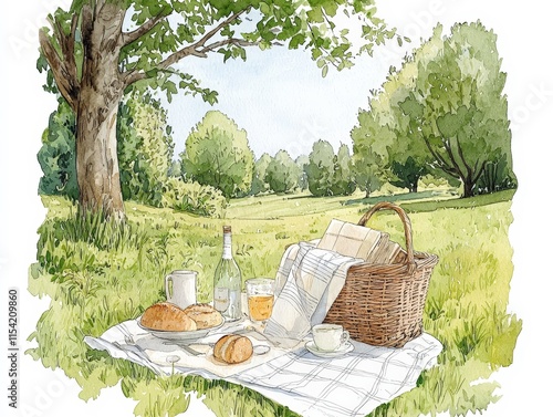 Watercolor Idyllic Picnic Under a Tree