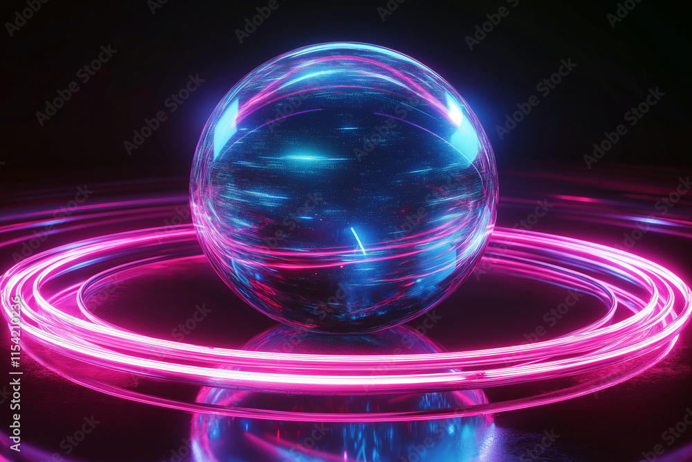 Disco ball featured as a futuristic sci-fi element, floating in a dark space environment with glowing neon rings around it. Disco ball featured as a futuristic sci-fi element, floating in a dark space environment with glowing neon rings around it.