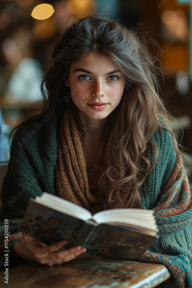A woman sitting at a table reading a book A woman sitting at a table reading a book