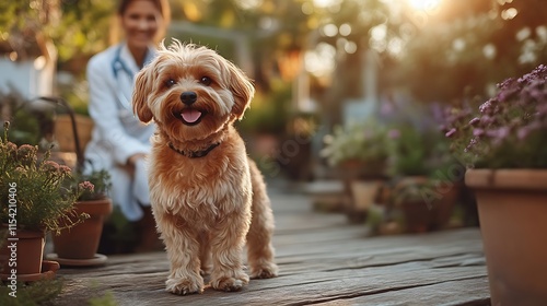 Happy Dog Posing Outdoors With Veterinarian Blurred Background photo