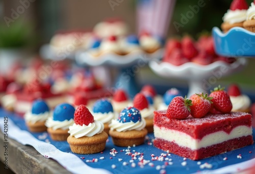 Wallpaper Mural Red velvet cake  strawberry cupcakes  blue frosting on tablecloth. Torontodigital.ca