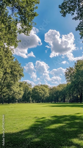Fototapeta Naklejka Na Ścianę i Meble -  beautiful wooded park with a blue sky with clouds with copy space vertically 9:16