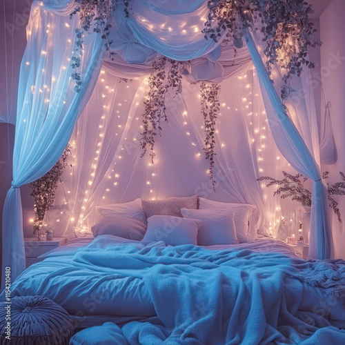 A chic bedroom with a canopy bed, soft lighting, and pastel-colored decor, 16:9. - Image #4 @Tanveer Sukhera
