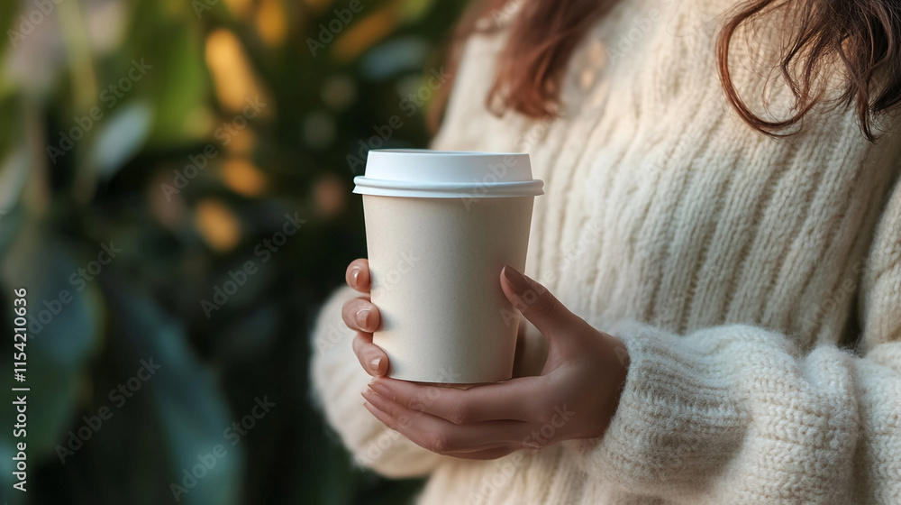 Cozy moment with coffee in hand while wearing a warm sweater. Cozy moment with coffee in hand while wearing a warm sweater.