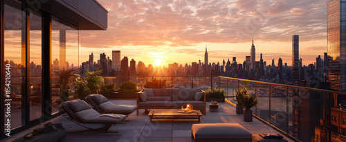 Cozy rooftop terrace at sunset overlooking new york city skyline with comfortable seating