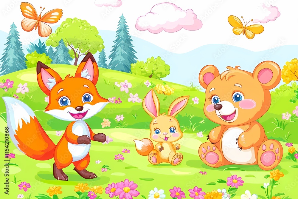 Naklejka premium Cute Cartoon Animals in Bright Green Meadow with Flowers and Butterflies