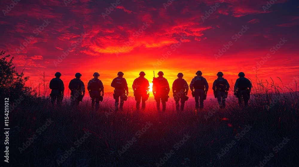 Fototapeta premium Soldiers silhouetted against a stunning sunset military tribute outdoor scene inspirational viewpoint