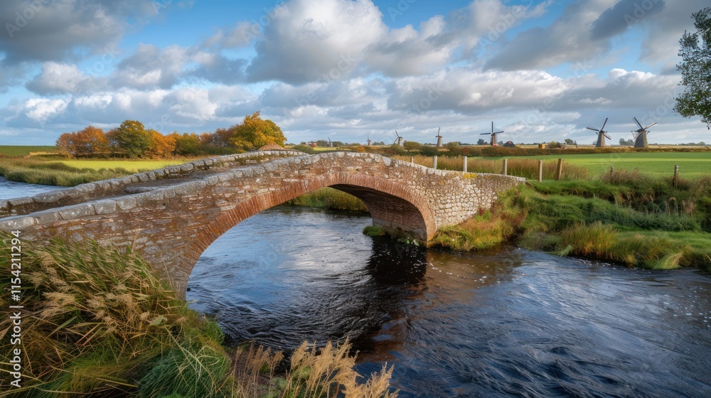 Obraz premium Stone arch bridge over calm river, autumnal landscape with windmills.