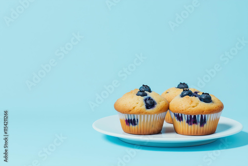 Blueberry Muffin Day celebrated on March 10, a close-up of freshly baked blueberry muffins with a golden crust and juicy blueberries, placed on a clean white plate  photo