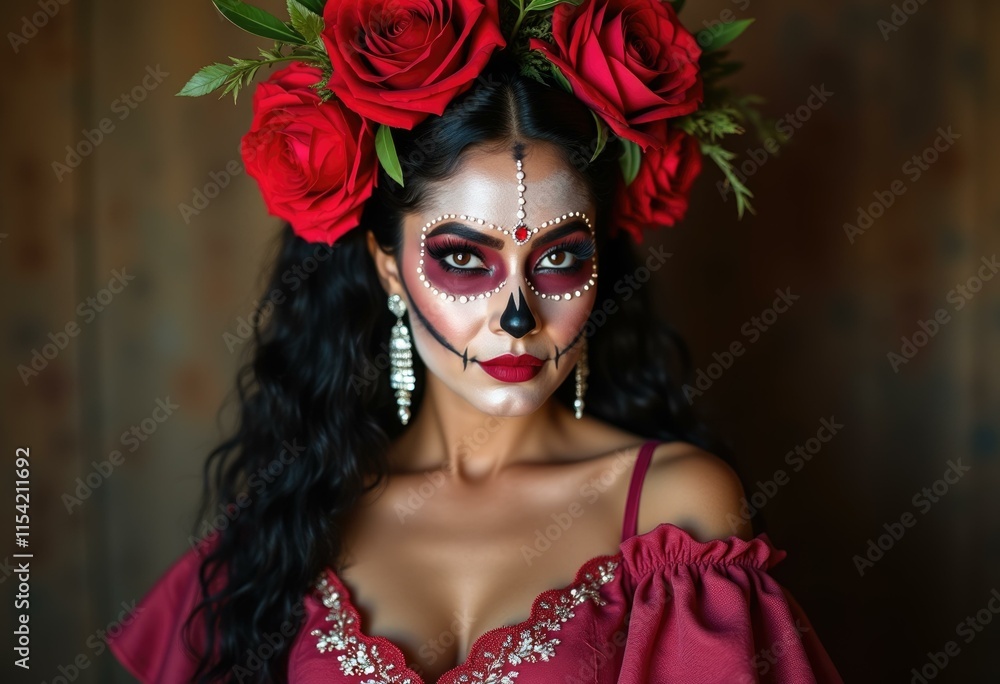 Obraz premium A woman with sugar skull makeup and red roses in her hair looks intensely at the camera.