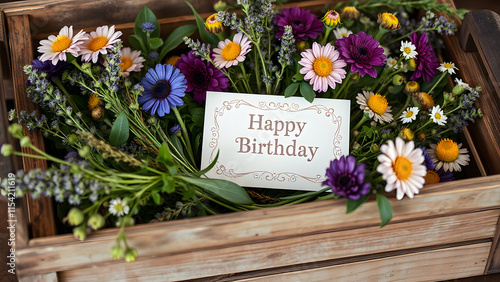 Rustic Charm: A weathered wooden crate overflowing with lush wildflowers and herbs, a crisp white gift card subtly nestled amongst the blooms. The text "Happy Birthday" is delicately embossed onto the