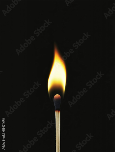  International Matchstick Day celebrated on March 2, a single matchstick burning with a bright flame, isolated on a solid black background with ample copy space, representing light, creativity  photo