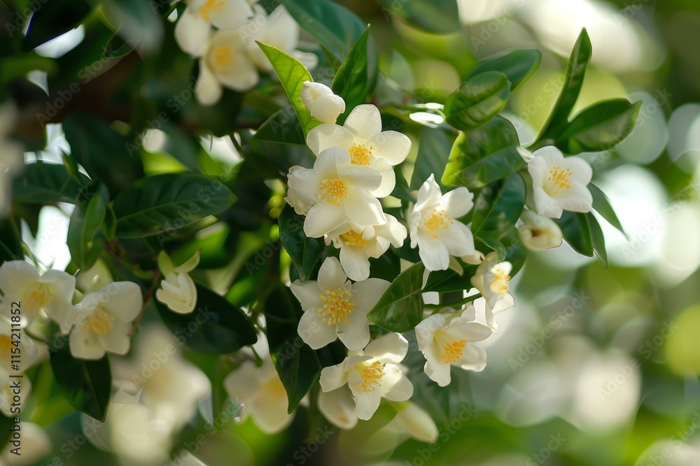 Close up of delicate white flowers and green leaves on a bush, illuminated by sunlight Close up of delicate white flowers and green leaves on a bush, illuminated by sunlight