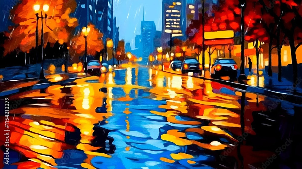 Obraz premium Moody Urban Nightscape with Rain Reflections in Impressionist Style