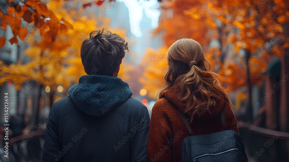 Fototapeta premium Autumn Stroll: Couple Walking Through City