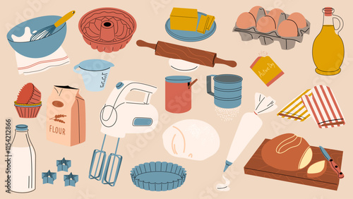 A set of baking tools and ingredients. Kitchen utensils and kitchenware.