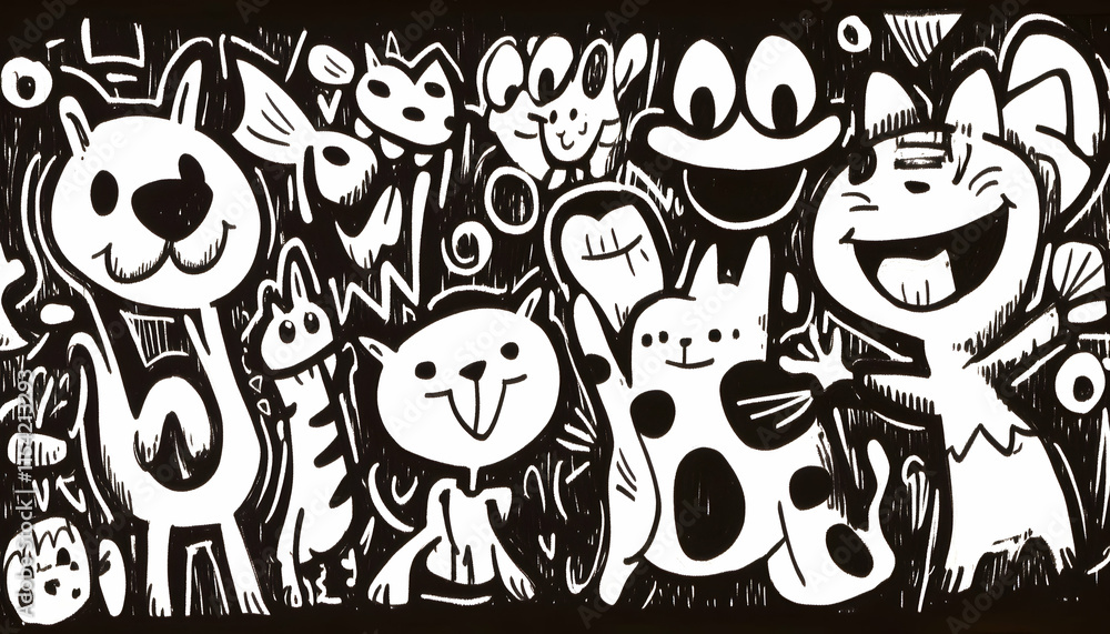 Fototapeta premium Playful doodle pets party banner, black background, whimsical design, social media graphic.